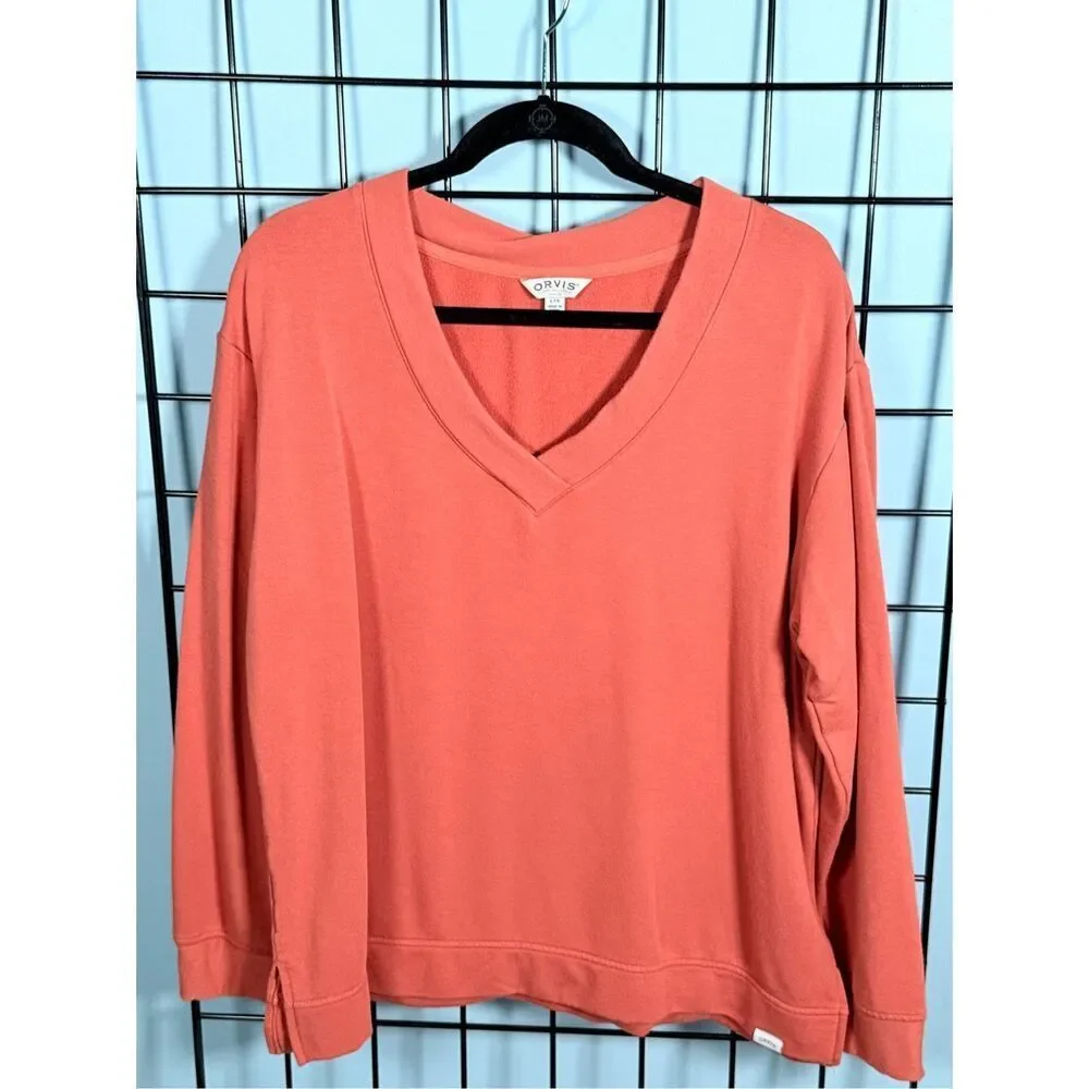 Orvis V-Neck Dropped Shoulder Sweater‎ Womens L Burnt Orange Cottagecore